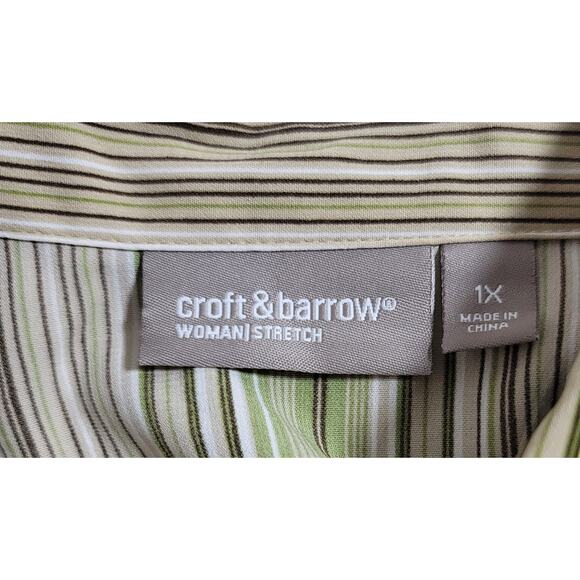 Croft & Barrow Green Tan Striped Button Up Top 1X Plus New With Tags Collard - Picture 4 of 5
